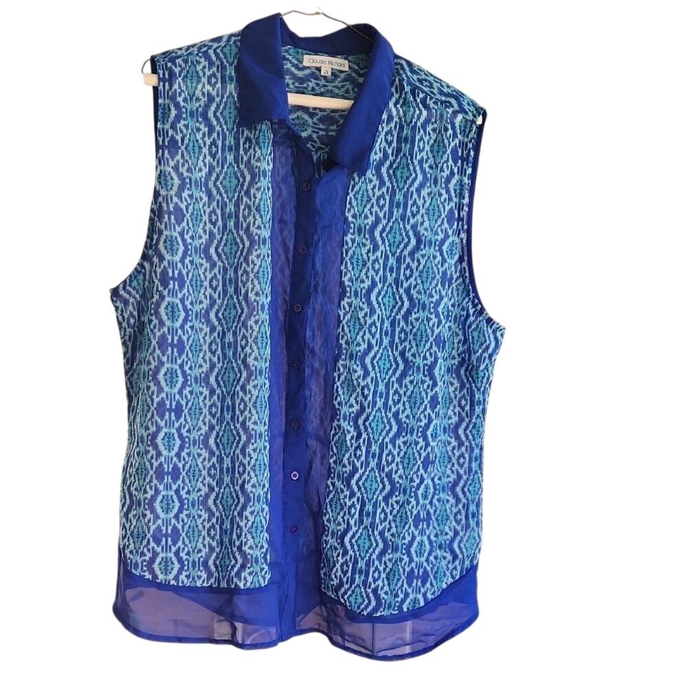 Claudia Richard Blue and White Sheer Blouse lightweight women's 2X